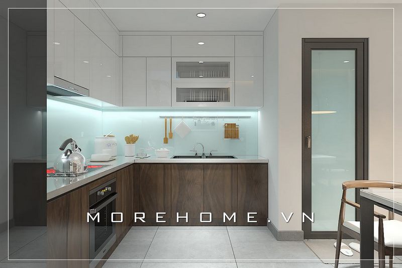 Mẫu tủ bếp có hình chữ L, màu trắng và có kiểu dáng hiện đại sẽ làm nên sự đẹp cho phòng bếp của bạn.
